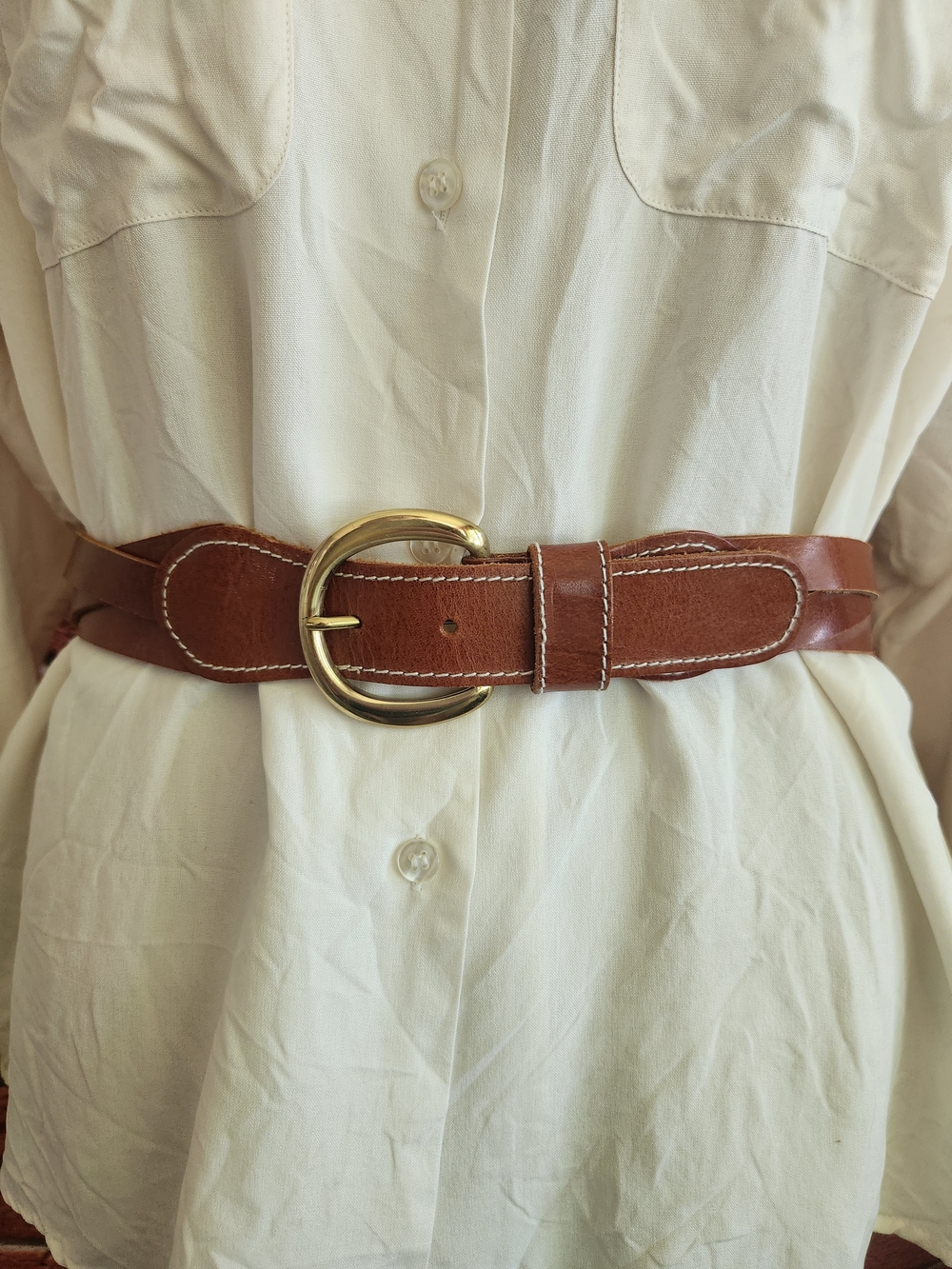 Classic Brown Leather Belt with Gold Buckle